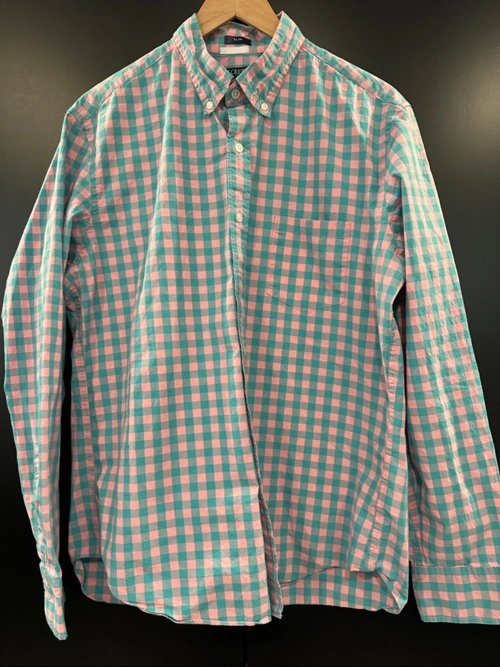 J. Crew Slim Flex Washed Gingham Button Down Shirt Pink Teal Mens‎ Large